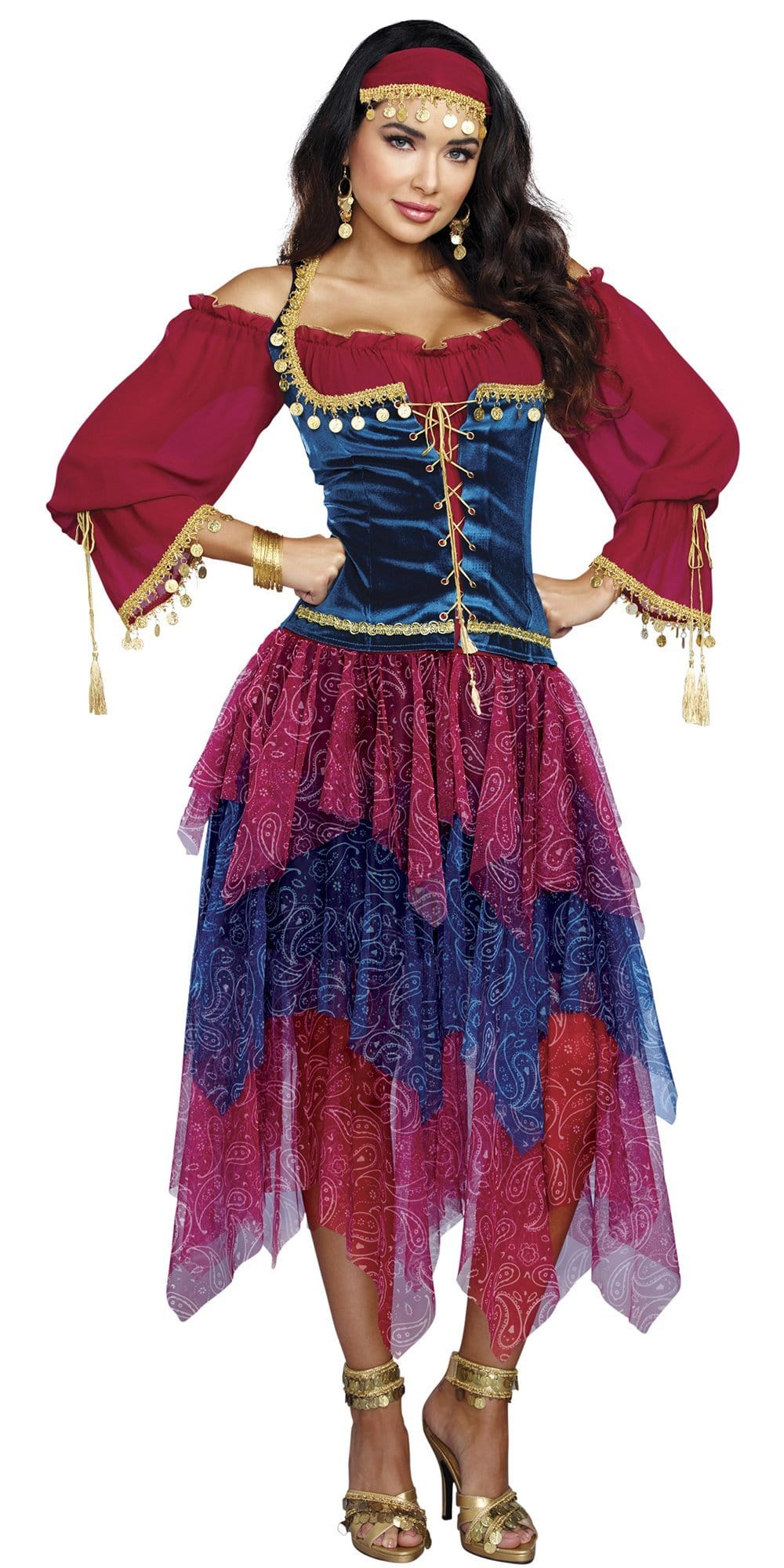 Woman wearing Sexy Gypsy Women's Costume featuring a velvet bodice, gold-trimmed multi-tiered handkerchief skirt, and head wrap. Visible bracelet and footwear details.