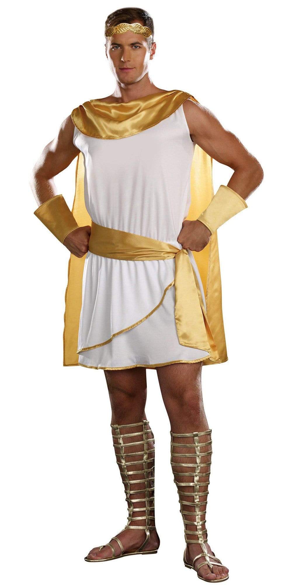 Man wearing Sexy He's a God Men's Costume, featuring a white tunic with a gold cape, gold leaf headpiece, removable belt, and wrist cuffs.