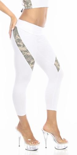 Woman wearing Sexy Hi Lo Waist Universal Camo Pattern Combat Athletic Capri Pants - White/Green featuring camouflage accents, highlighting their high or low waist roll-down option.