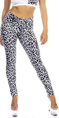 A woman modeling Sexy High Waist Cuff Roll Down Stretch Work Out Athletic Leggings - Snow Leopard, highlighting their versatile waistband for high or low rise fit.