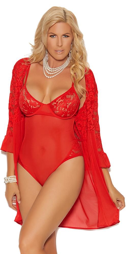 Model wearing Sexy Holiday Plus Size Red Mesh and Lace Teddy with adjustable straps, paired with a matching 3/4 sleeve robe.
