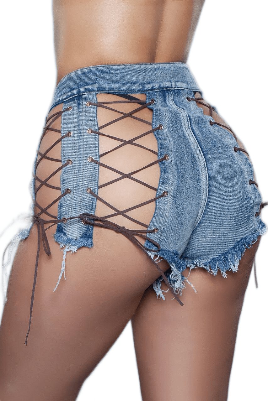 Woman wearing Sexy Keep Me Tied Up Denim Shorts, featuring a high rise silhouette, side-to-back tie design, and zipper closure, showcasing chic clubwear style.