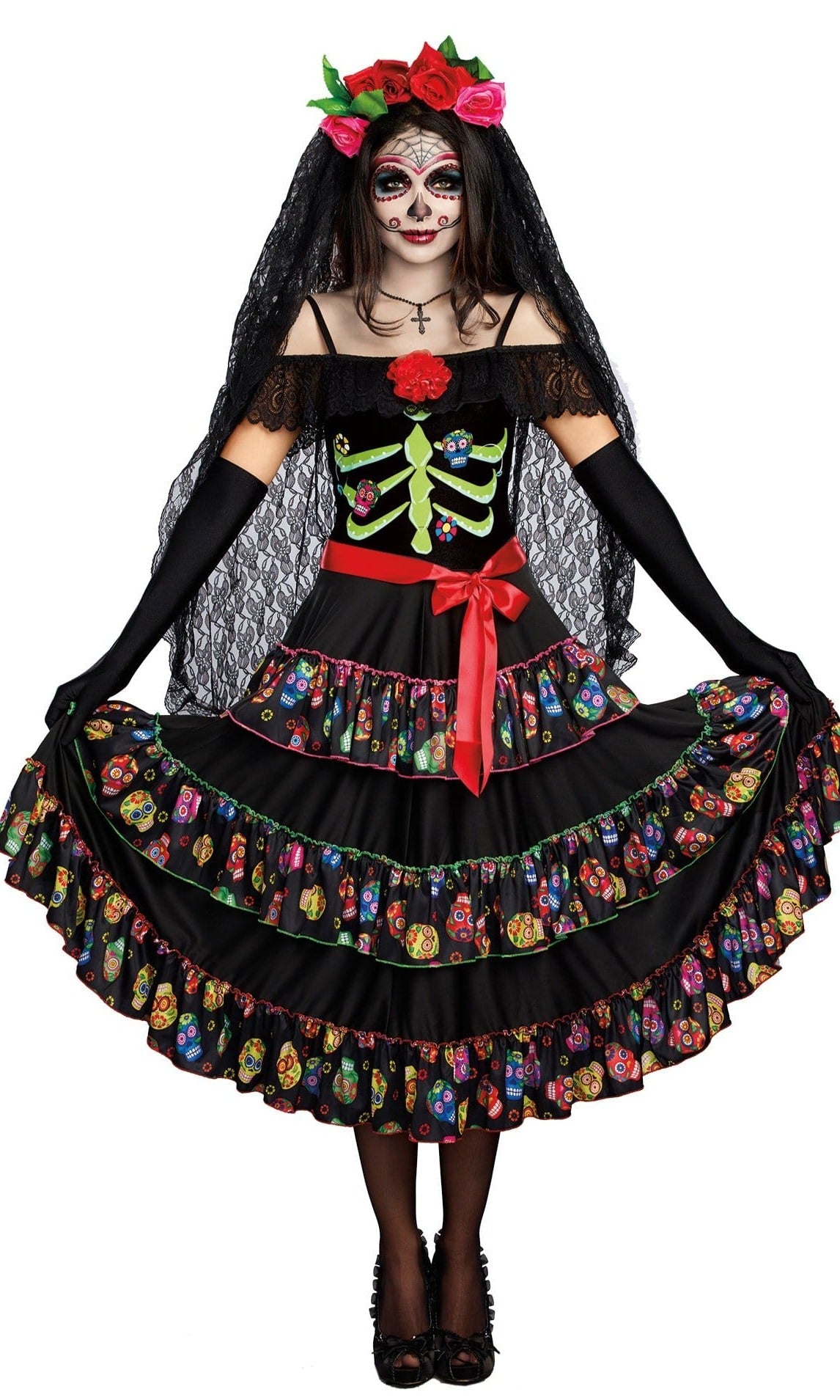 Sexy Lady of the Dead Women's Costume featuring an off-shoulder ruffled neckline, skeleton print, multi-tiered skirt, and beaded cross necklace. Headpiece not included.