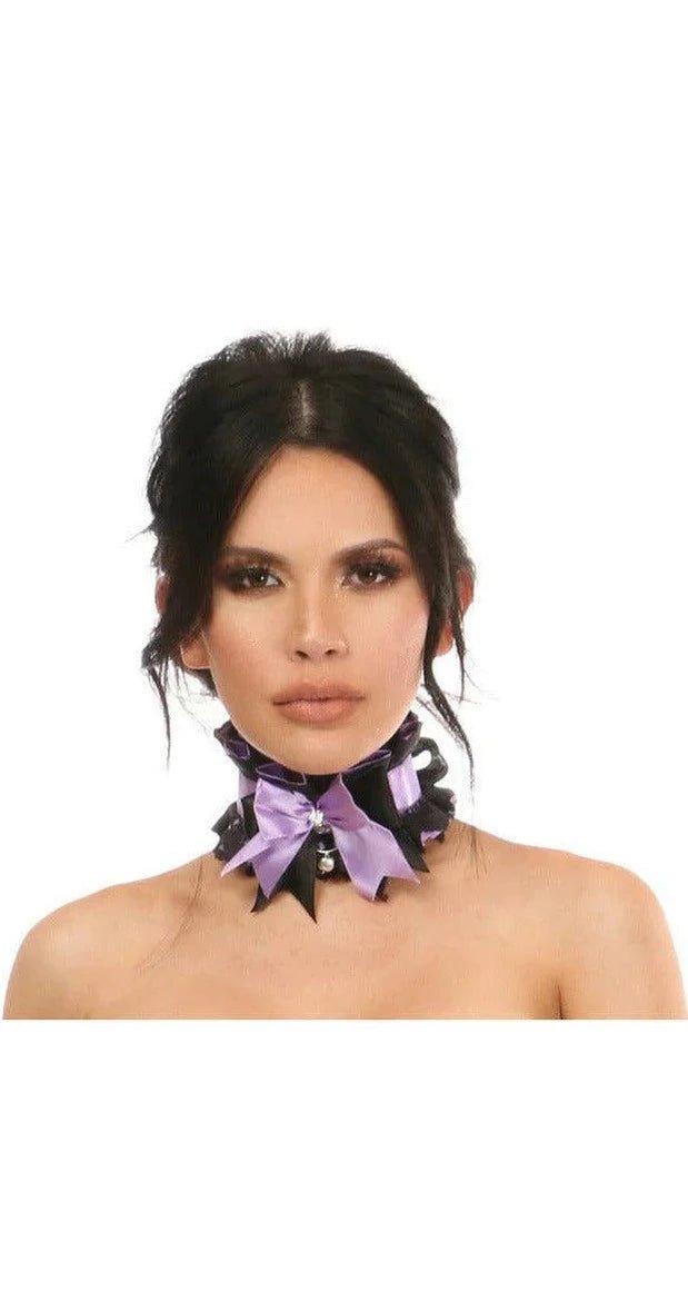 Sexy Lavender on Black Lace Costume Choker with rhinestone and bell embellishments, worn by a woman, featuring a ribbon tie for a perfect fit.