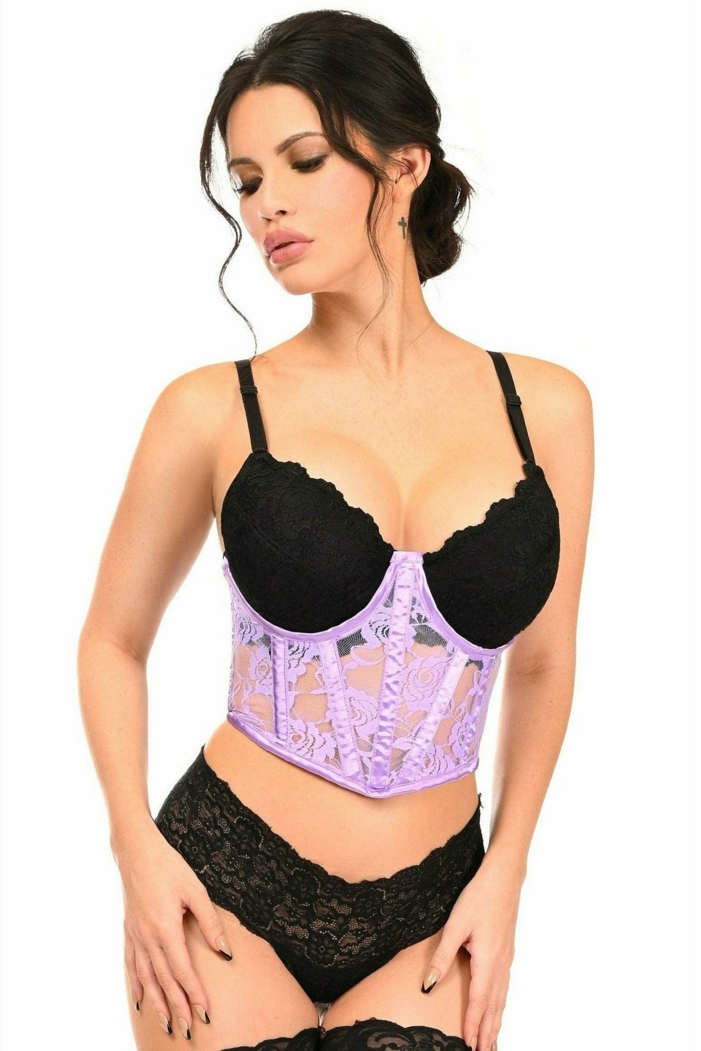 Woman modeling Sexy Lavender Sheer Lace Underwire Waist Cincher Corset, featuring intricate lace, supportive bones, and adjustable Hook & Eye closure for a tailored fit.