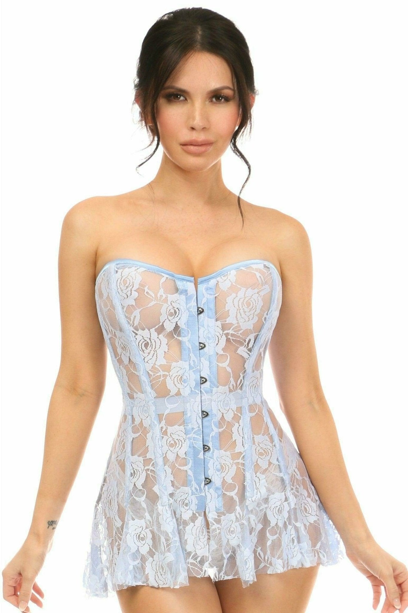 Woman modeling the Sexy Light Blue Sheer Lace Corset Dress, featuring lace detail, front busk closure, and back cinching for a shapely silhouette.