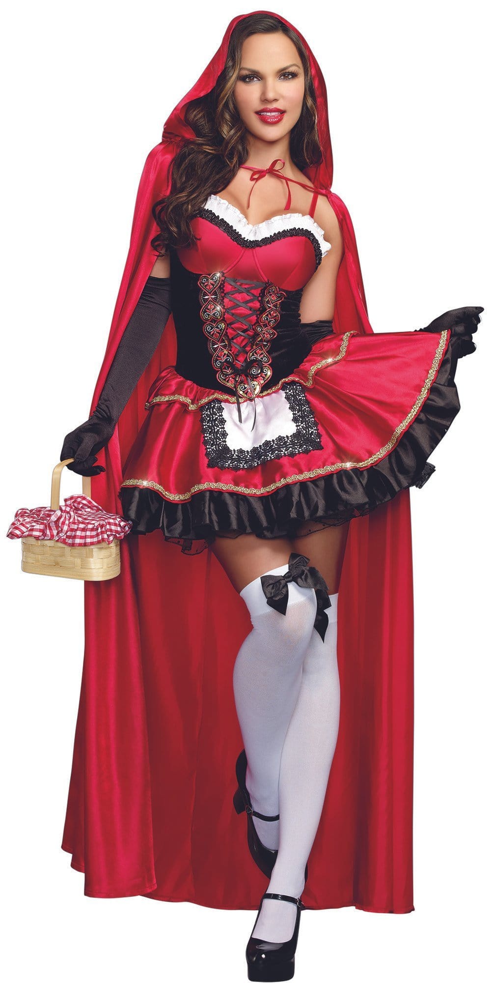 Sexy Little Red Women's Costume featuring a woman in a red dress with a full-length satin hooded cape, ideal for Halloween or cosplay events.
