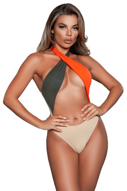 Woman modeling the Sexy Maddie Colorblock Criss Cross Halterneck Swimsuit, featuring criss cross straps, high cut legs, and a tanga reverse design.