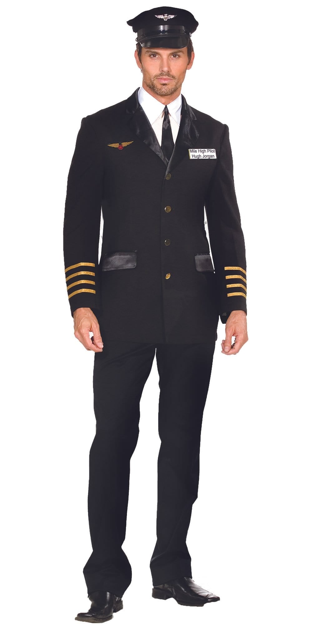 Sexy Mile High Pilot Hugh Jorgan Men's Costume featuring a black uniform jacket with gold stripes and a matching pilot hat, ideal for themed events.