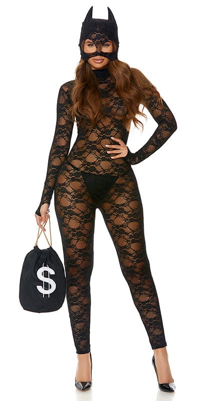 Woman in a black lace jumpsuit with a money bag, part of the Sexy Money Chaser Cat Burglar Halloween Costume.