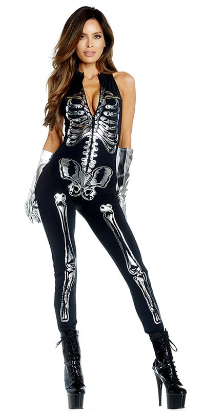 Woman modeling the Sexy Naughty Bones Skeleton Halloween Costume, a sleek jumpsuit featuring a metallic skeleton print and sleeveless mock neck design with zip front closure.