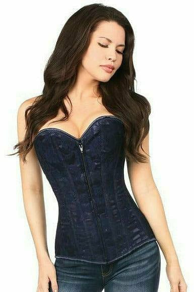 Woman wearing Sexy Navy Blue Lace Overbust Corset with Zipper, showcasing elegant lace overlay, discreet front zipper, and supportive structure. Perfect for special occasions.