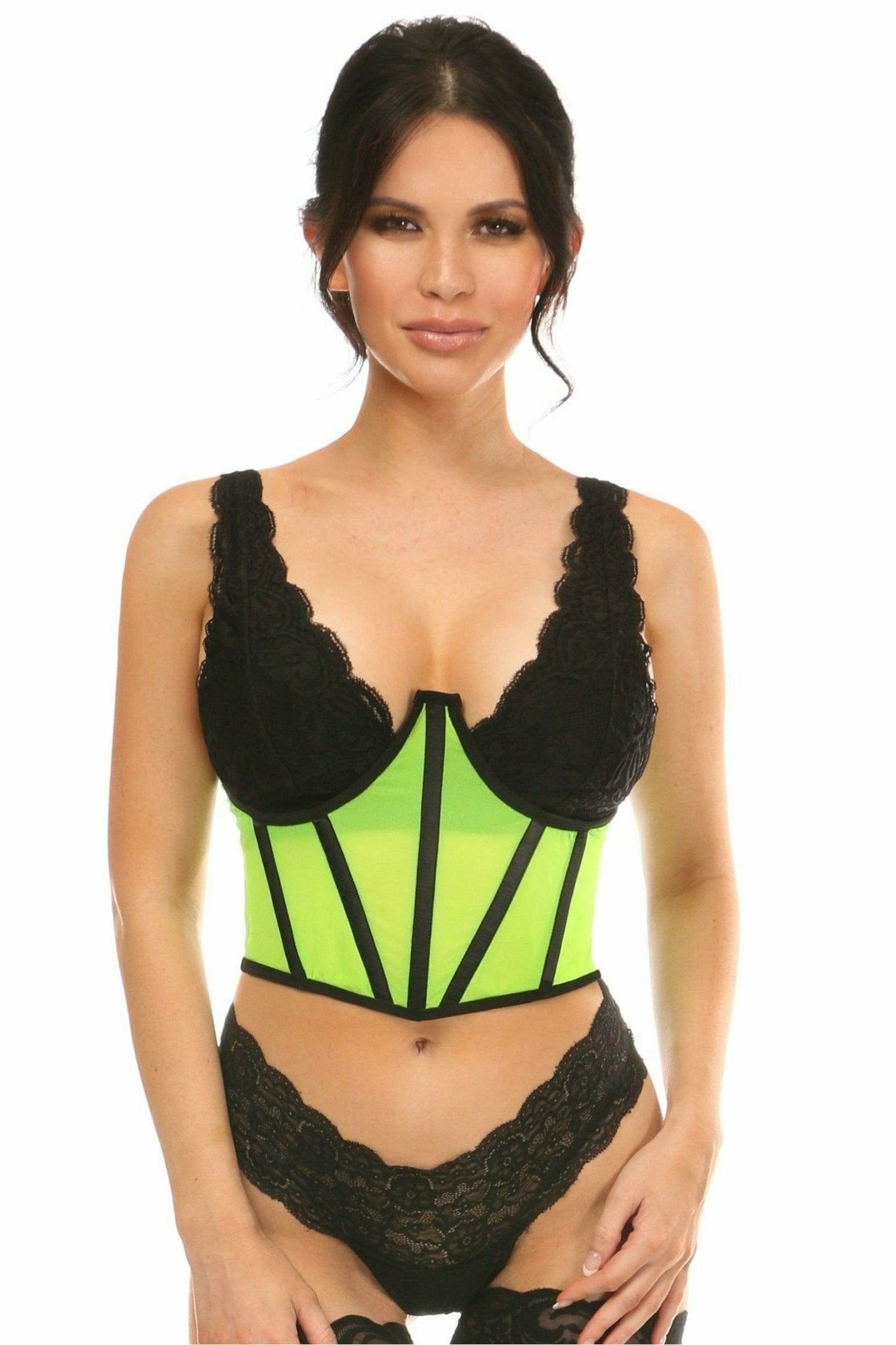 Woman modeling the Sexy Neon Green Mesh Open Cup Waist Cincher, featuring sheer fabric, underwire support, and seven plastic bones for a structured yet comfortable fit.