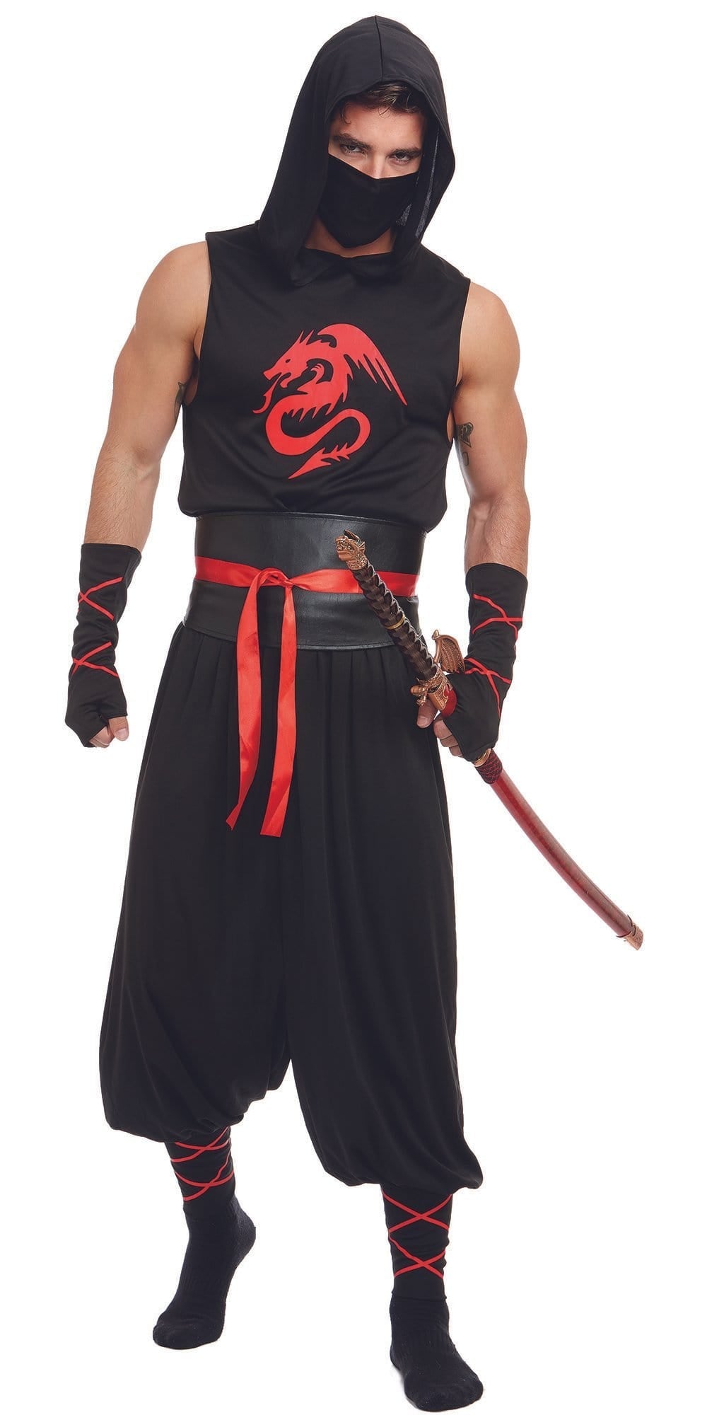 Sexy Ninja Men's Costume featuring a hooded shirt, face mask, gloves, and Obi belt. Model holding a sword, showcasing the costume's dynamic style.