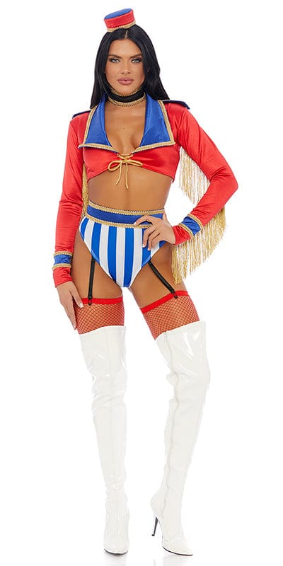 Woman wearing Sexy On with the Show Ringleader Halloween Costume, featuring a two-toned crop top with epaulettes, striped high-waisted shorts, and a matching hat.