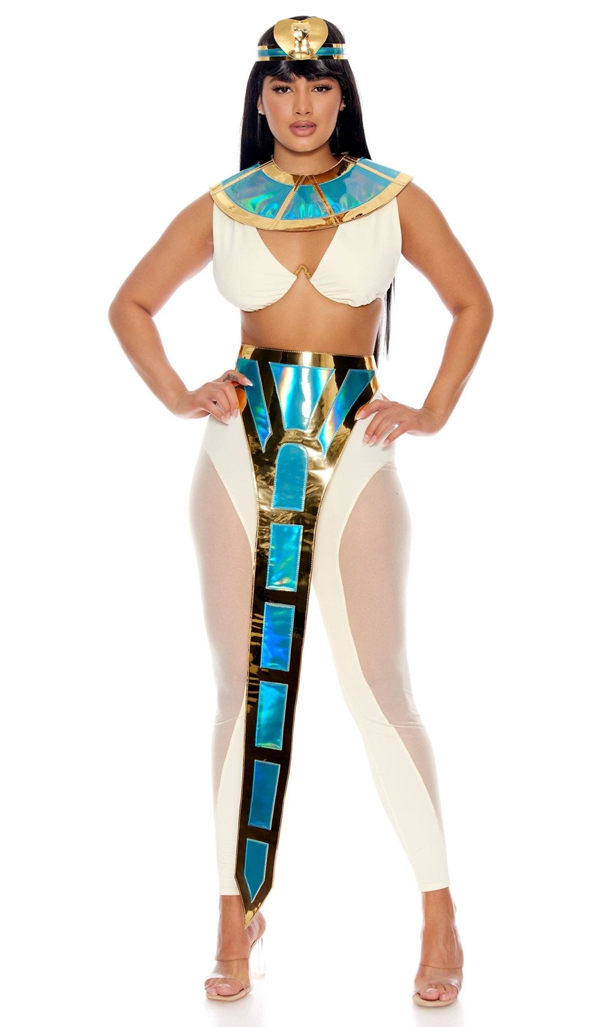 Woman wearing Sexy Pharaoh's Daughter Halloween Costume, featuring a V-underwire bra, sheer mesh panel leggings, metallic PVC collar, and snake headband.