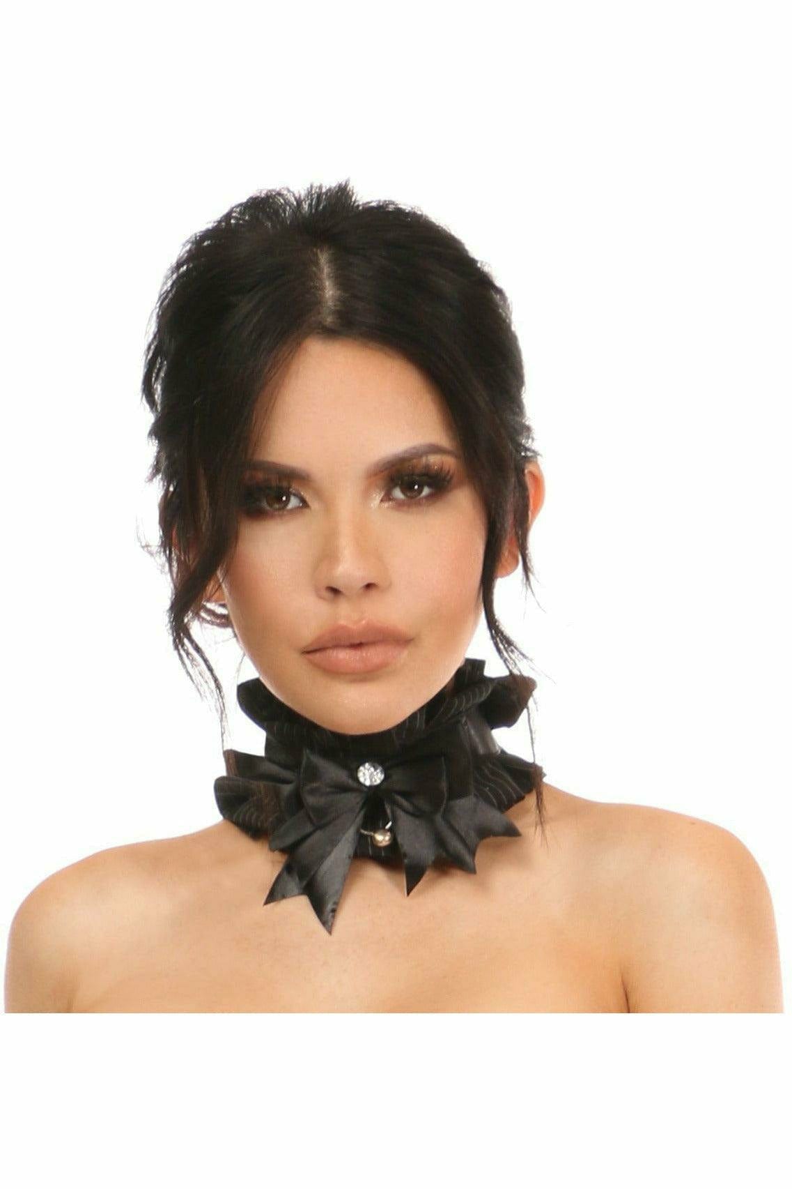 Close-up of a woman wearing the Sexy Pinstripe Costume Choker, featuring a ribbon-tie closure, rhinestone embellishments, and a hanging bell.