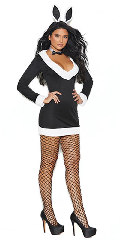 Woman in Sexy Playmate of the Year Bunny Costume with mini dress, bow neck piece, bunny ears, fishnet stockings, and high heels.