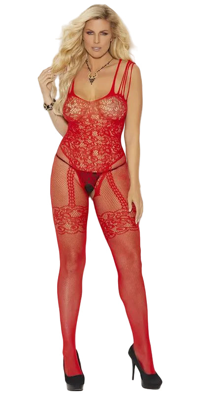 Woman modeling the Sexy Plus Size Dupe Fishnet and Lace Bodystocking featuring fishnet and floral lace design with strappy shoulders and open crotch.