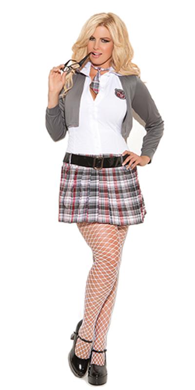 Woman wearing Sexy Plus Size High School Baddie Student Costume with plaid skirt, fishnet stockings, and glasses, embodying the sultry student look.