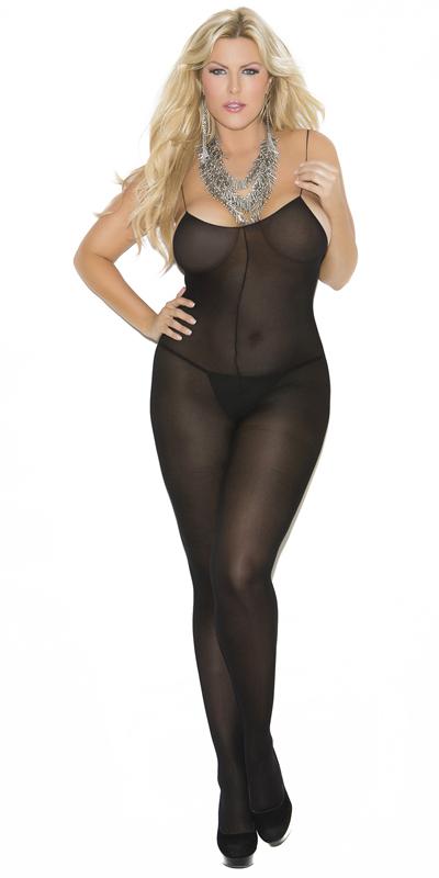Woman modeling Sexy Plus Size Hyper Sheer Spaghetti Strap Bodystocking, featuring sheer nylon, spaghetti straps, low back, and open crotch design.