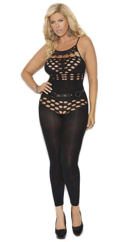 Woman modeling Sexy Plus Size Intent Black Mesh Hole Cutout Bodystocking, featuring black mesh with seductive hole cutouts and O-Ring neckline detail.
