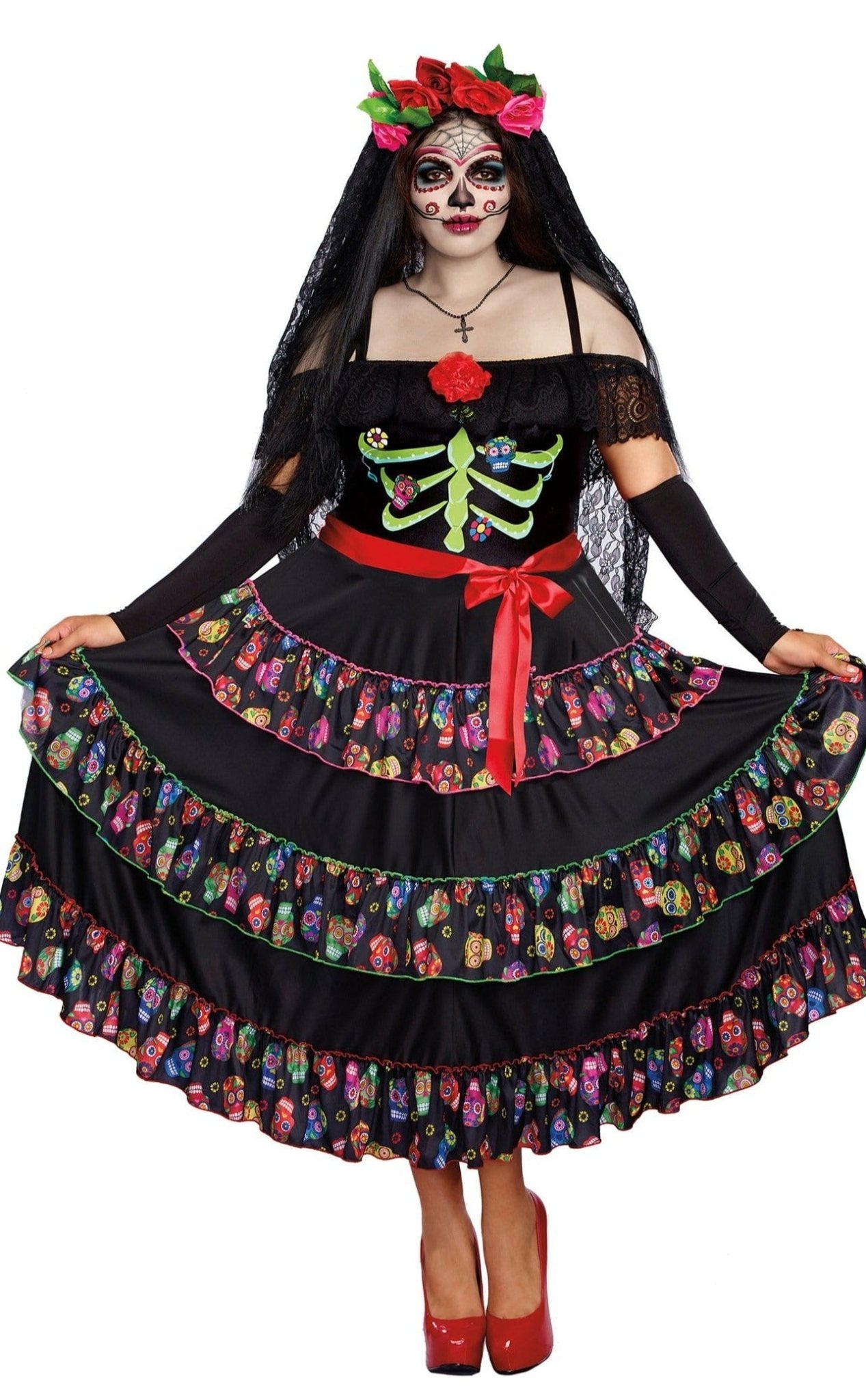 Sexy Plus Size Lady of the Dead Women's Costume featuring an off-the-shoulder ruffled neckline, skeleton print, multi-tiered skirt, red bow, and beaded necklace.