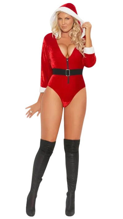 Plus size Santa-style teddy, red with white trim, plunging neckline, black belt; stockings
