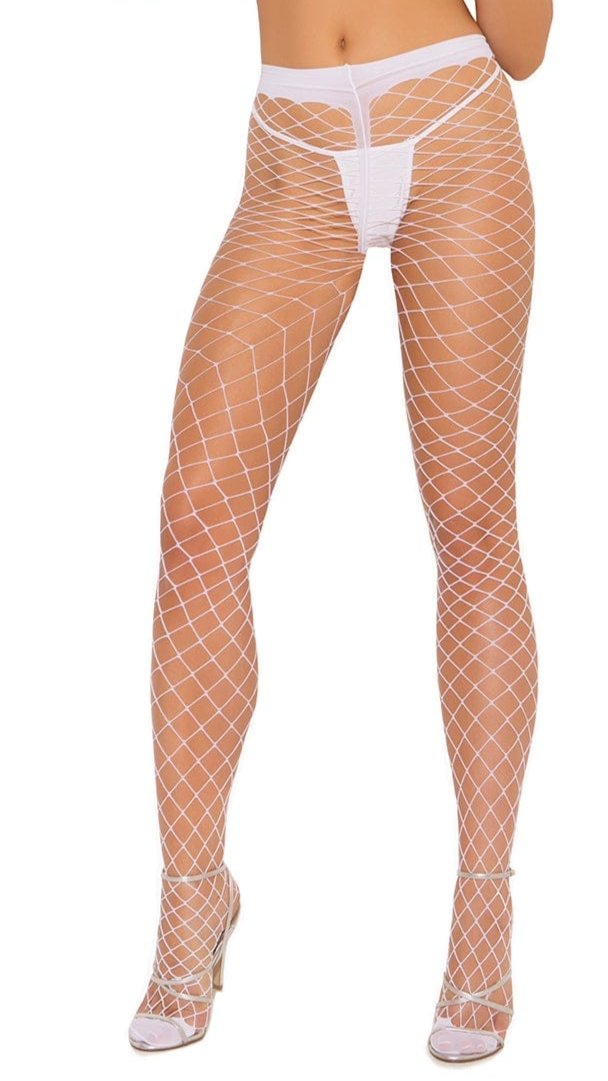 A woman models Sexy Plus Size Spandex Diamond Net Pantyhose, showcasing their fit and texture, emphasizing stylish flexibility and comfort.