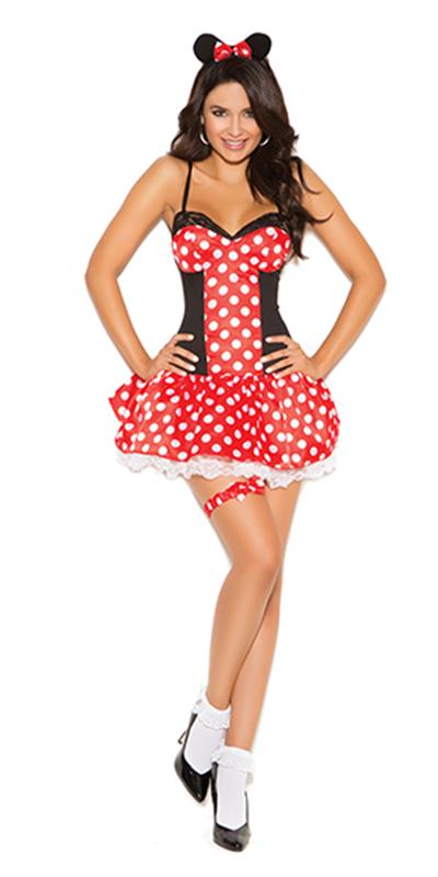 Sexy Polka Dot Mouse Costume featuring a mini dress with polka dots, ear headpiece with bow, and a matching polka dot leg garter.