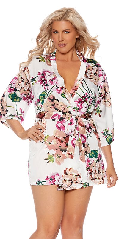 Woman in Sexy Power Plus Size Charmeuse 3/4 Sleeve Kimono Robe, featuring floral pattern, 3/4 sleeves, and detachable belt.