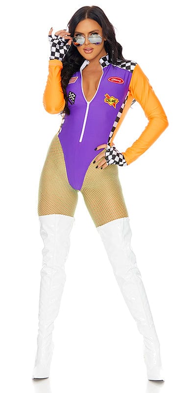 A woman models the Sexy Qualifying Racer Halloween Costume, featuring a zip-front bodysuit with high cut legs, checker print gloves, and aviator sunglasses.