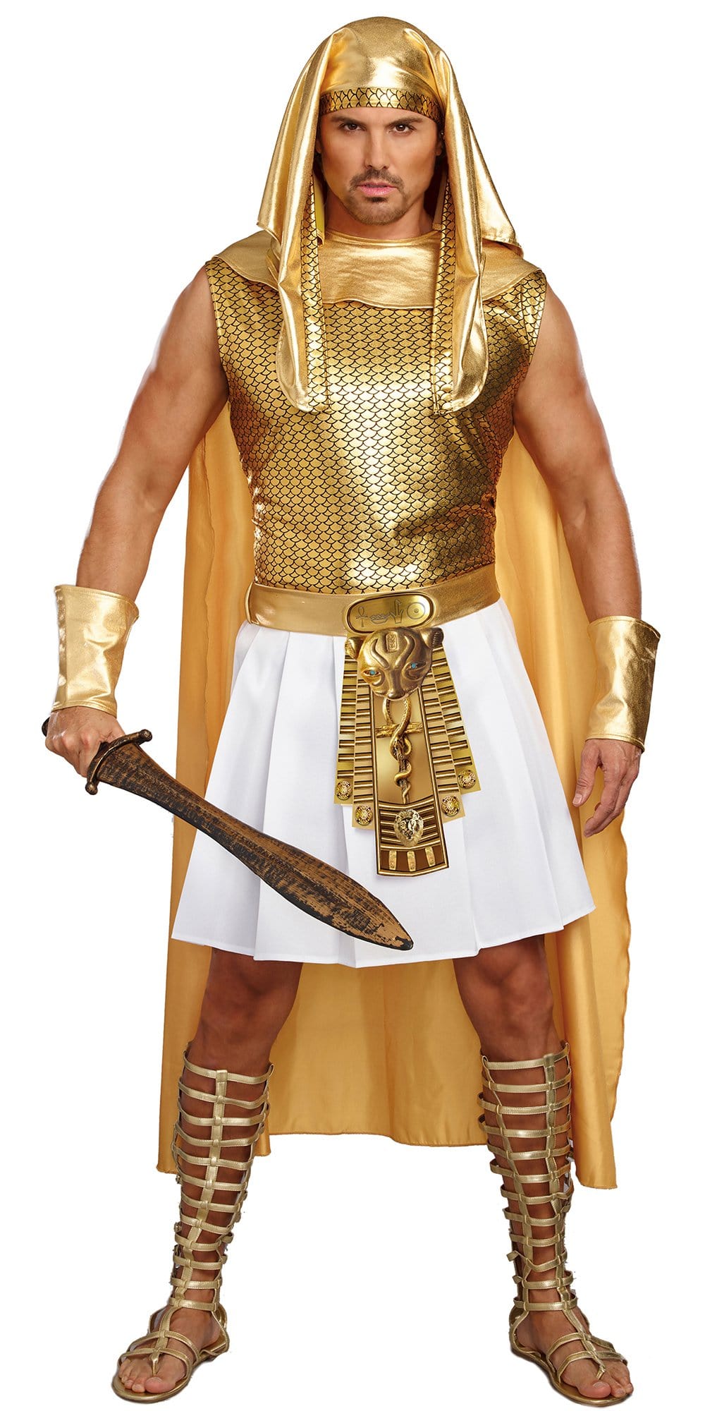 Man wearing Sexy Ramses Men's Costume with metallic gold shirt, Egyptian collar with cape, wrist gauntlets, and embellished skirt. Headpiece included.