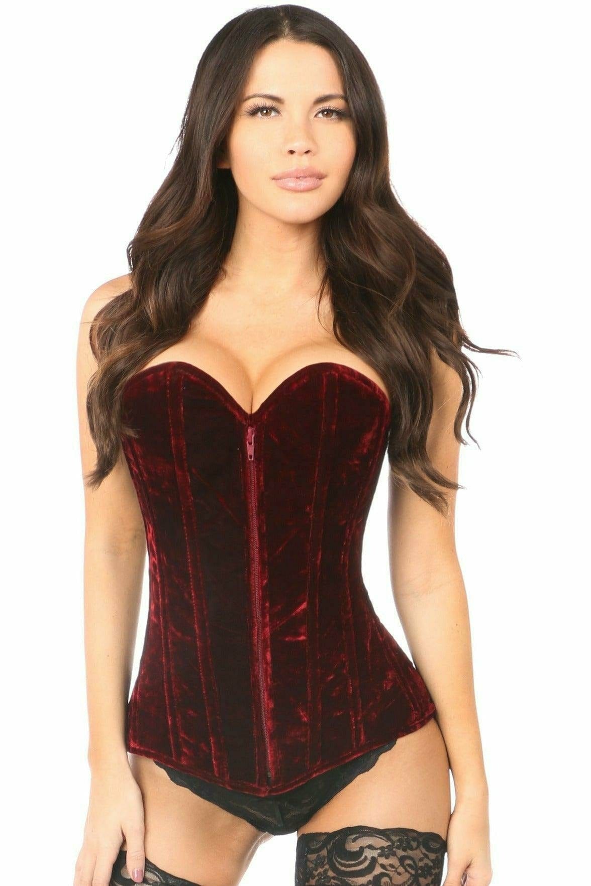Woman in Sexy Red Crushed Velvet Overbust Corset with front zipper, visible boning, and lace-up back, showcasing elegant design and craftsmanship.