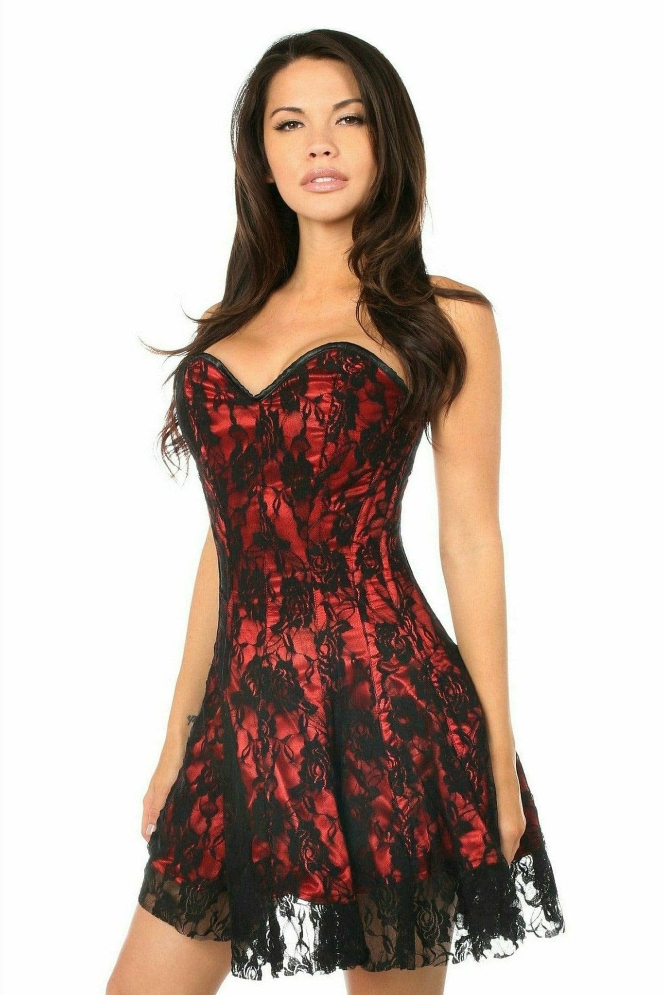Woman wearing the Sexy Red Lace Corset Dress, featuring black lace details, strapless design, and fitted structure for an elegant, bold look.
