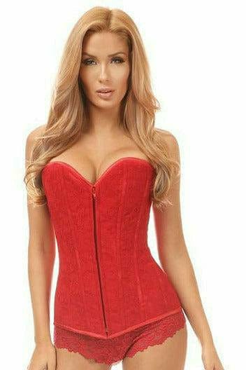 Woman modeling Sexy Red Lace Overbust Corset with a satin finish, front zipper, and detailed lace overlay, showcasing its supportive structure and elegant design.
