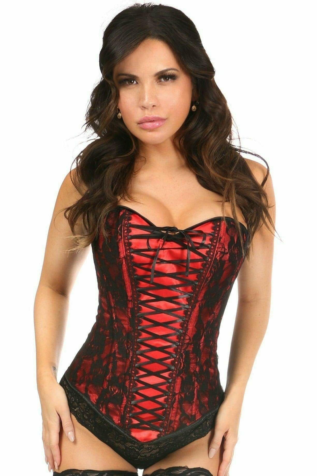 Sexy Red Lace-Up Over Bust Corset with Black Lace, featuring a curve-hugging design with lace net overlay, visible boning, and intricate back lacing.