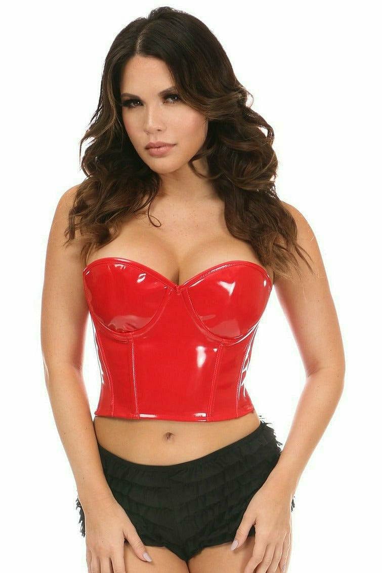 Woman in Sexy Red Patent Vinyl PVC Underwire Bustier with built-in molded cups, side zipper, removable straps, and satin ribbon lacing. Skirt sold separately.