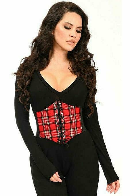 Woman wearing a Sexy Red Plaid Corset Belt Cincher with black laces, showcasing its lace-up front and stretchy elastic sides for a flattering fit.