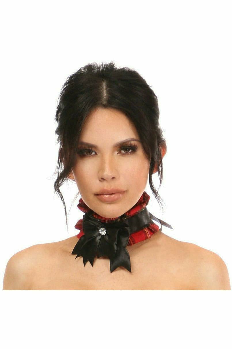 Woman wearing a Sexy Red Plaid Costume Choker with rhinestone embellishments and a bell charm, featuring a ribbon tie closure for a stylish accent.
