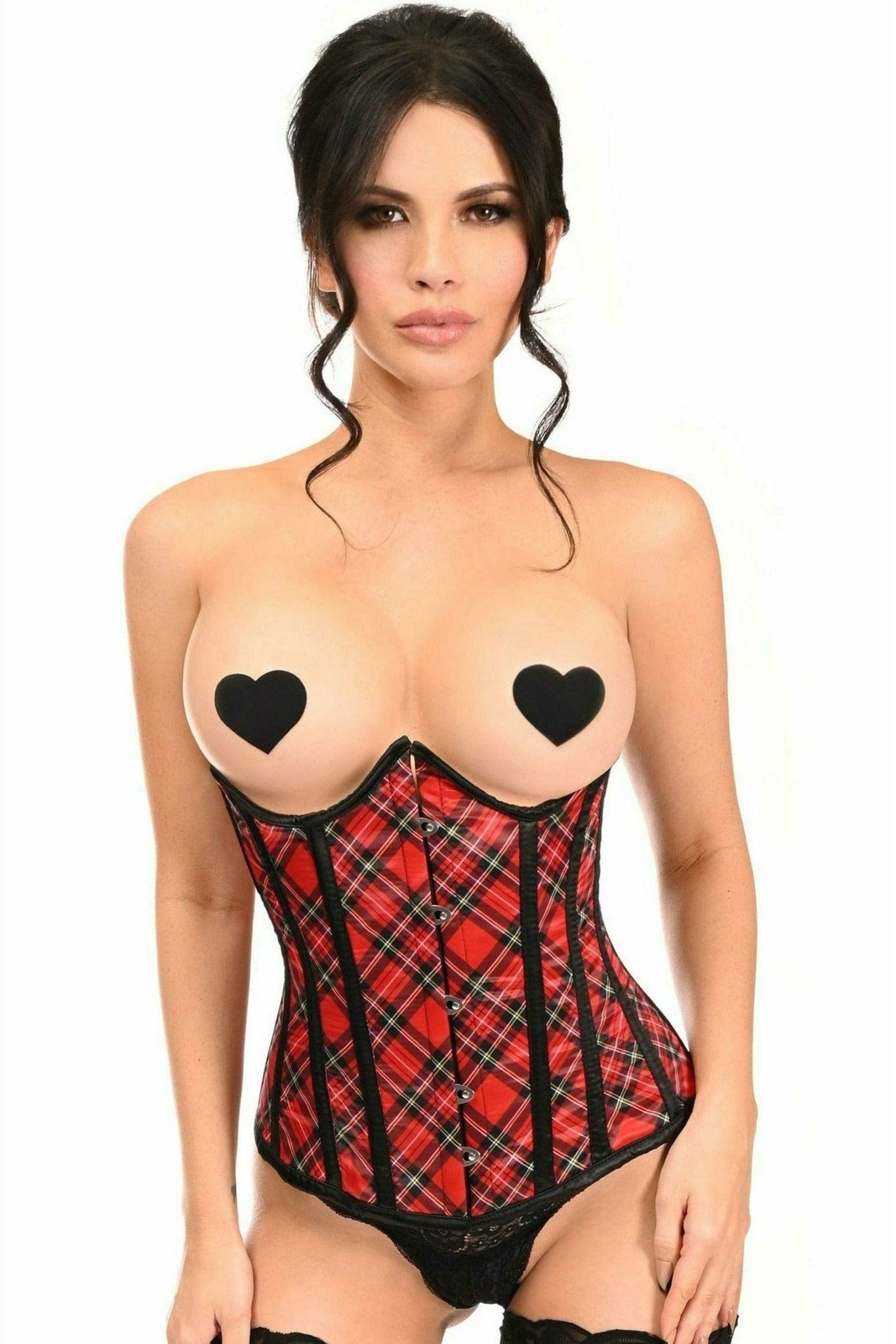 Woman modeling the Sexy Red Plaid Open Cup Underwire Underbust Corset, showcasing its underwire structure and lace-up back design.