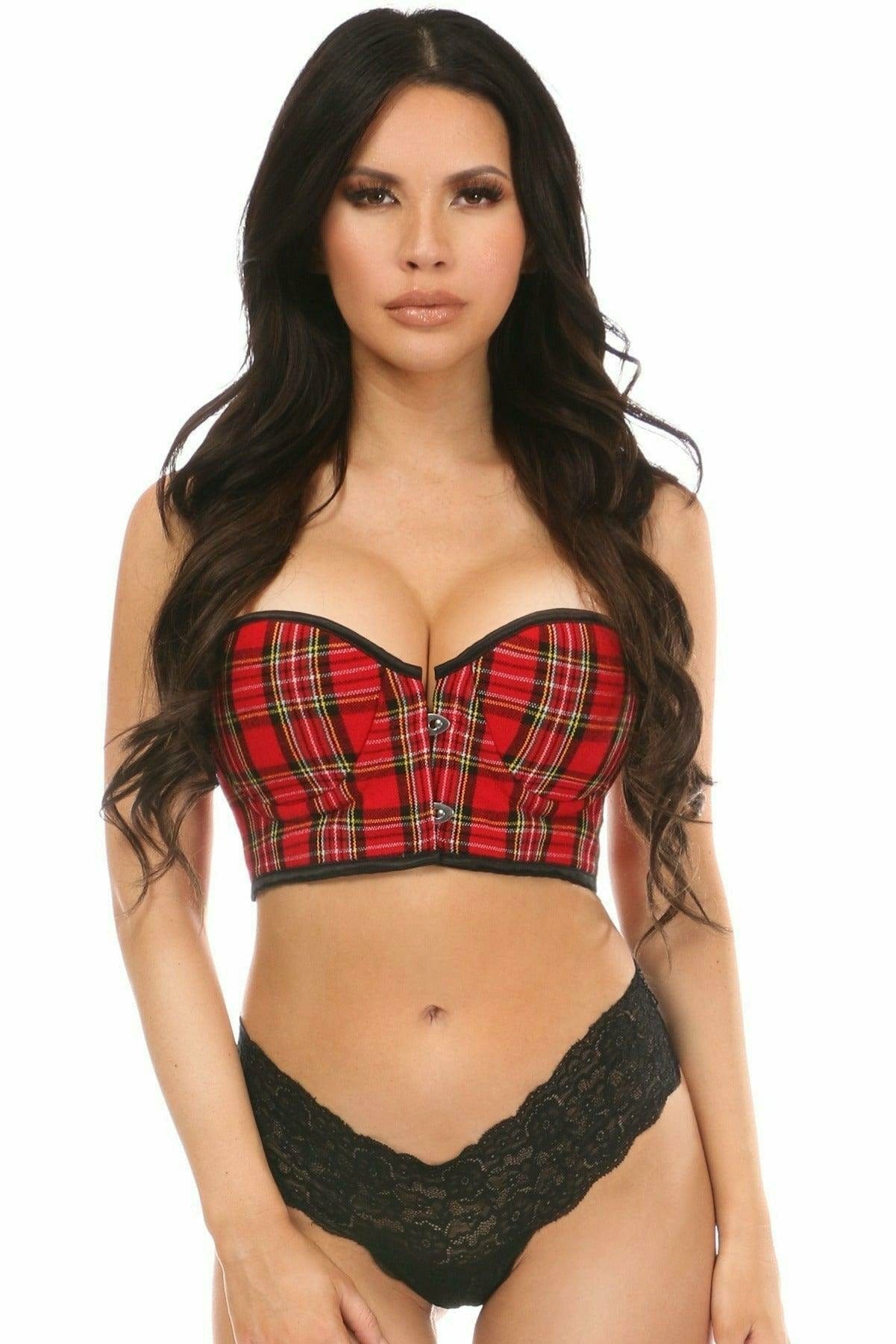 Woman modeling a Sexy Red Plaid Underwire Short Bustier with black panties, featuring molded cups, front busk closure, and satin lacing for a flattering fit.