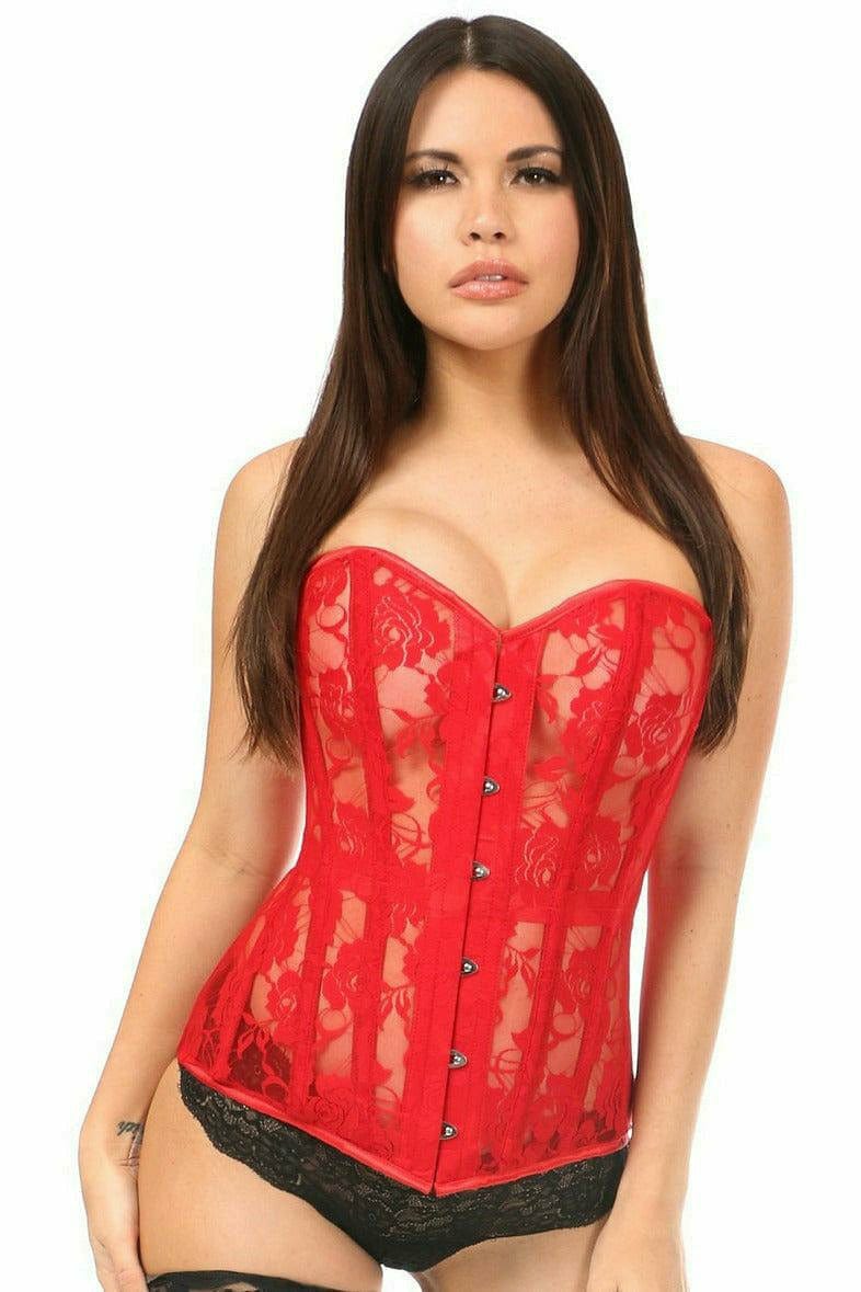Woman wearing the Sexy Red Sheer Lace Over Bust Corset, featuring intricate lace design, visible boning, and a secure front busk closure, showcasing elegant fashion.
