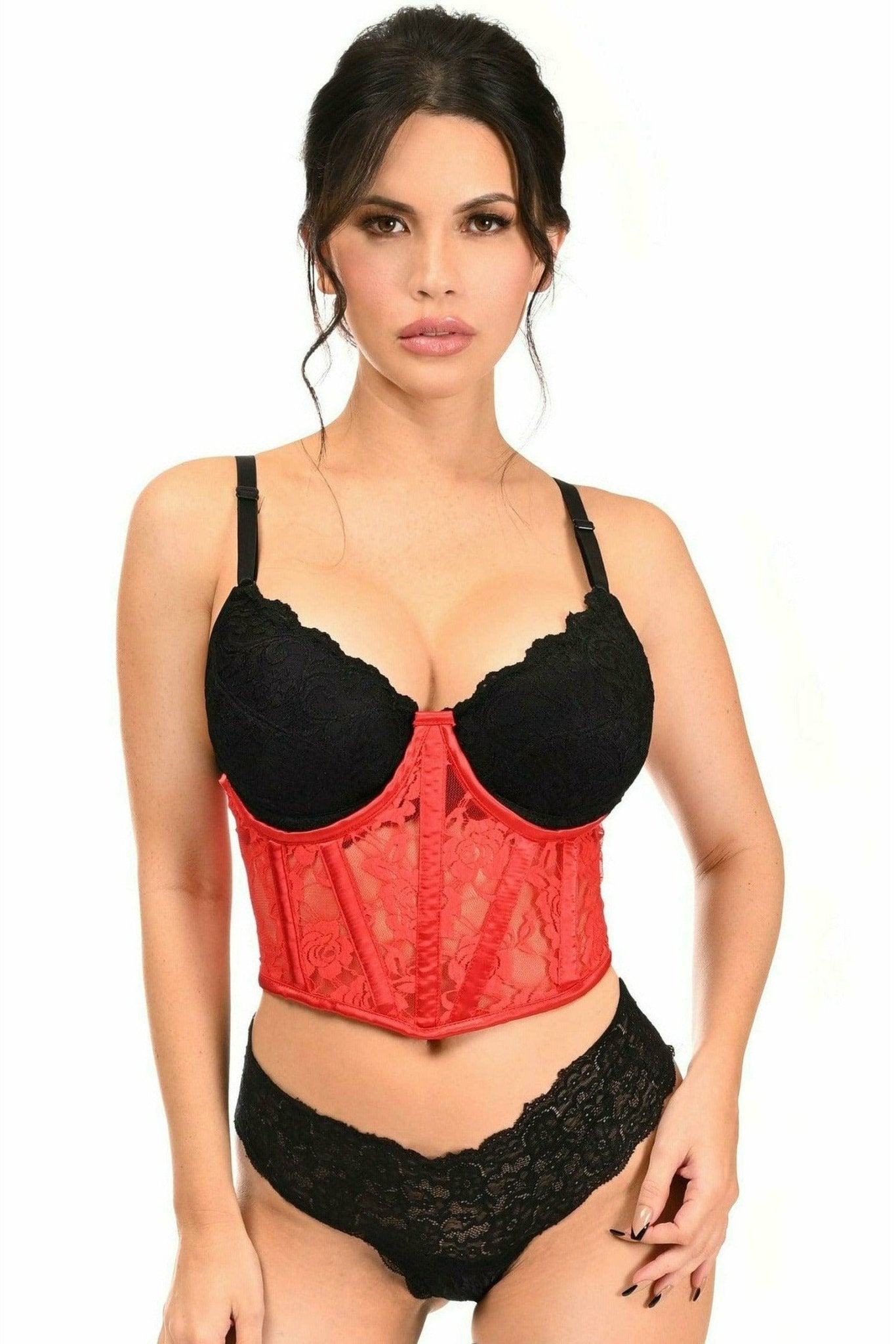 Woman modeling the Sexy Red Sheer Lace Underwire Waist Cincher Corset, showcasing its lace fabric, underwire design, and adjustable hook & eye panel.