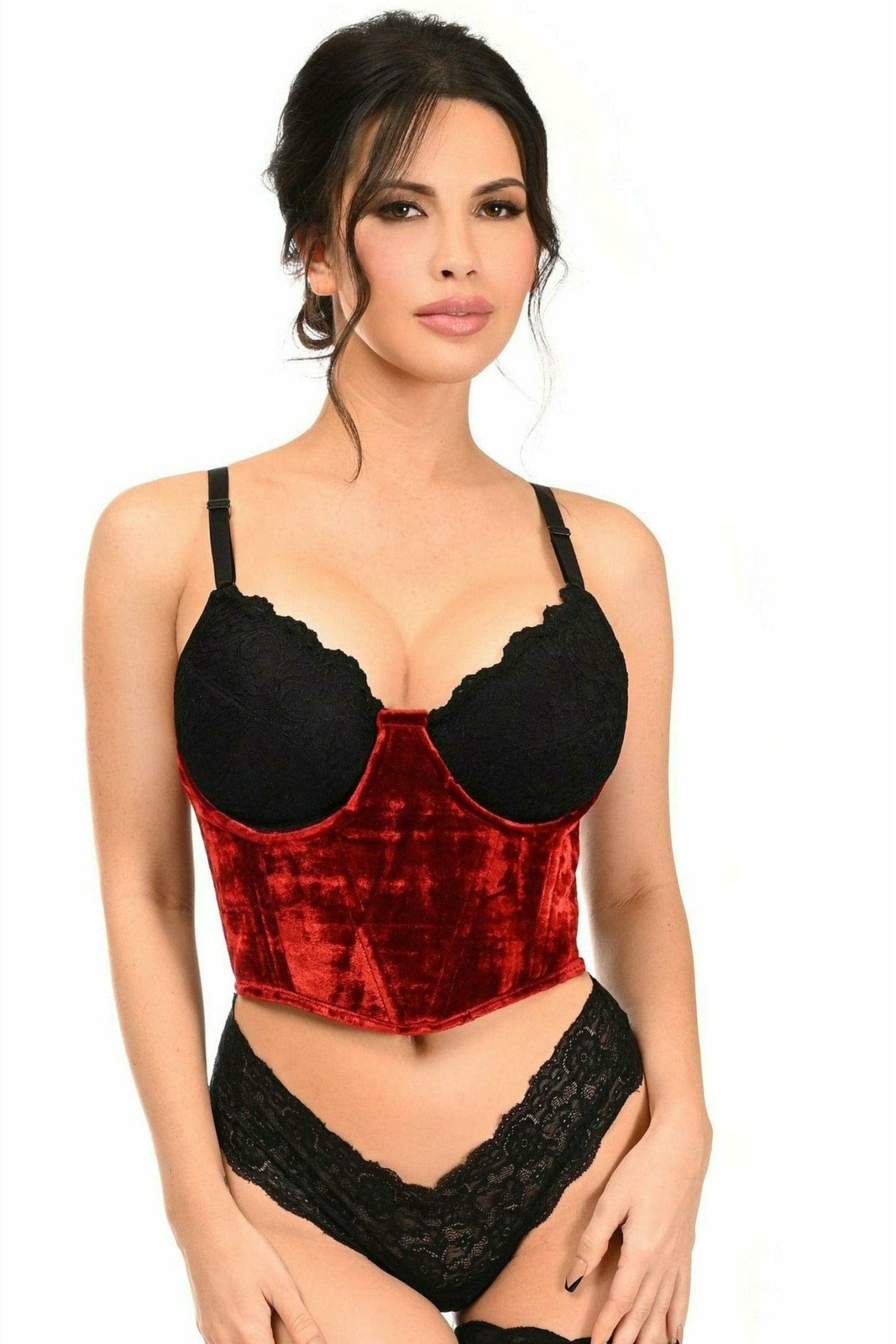 Sexy Red Velvet Underwire Waist Cincher Corset worn by model, showcasing its underbust design, lace-up back, and supportive boning for an hourglass silhouette.