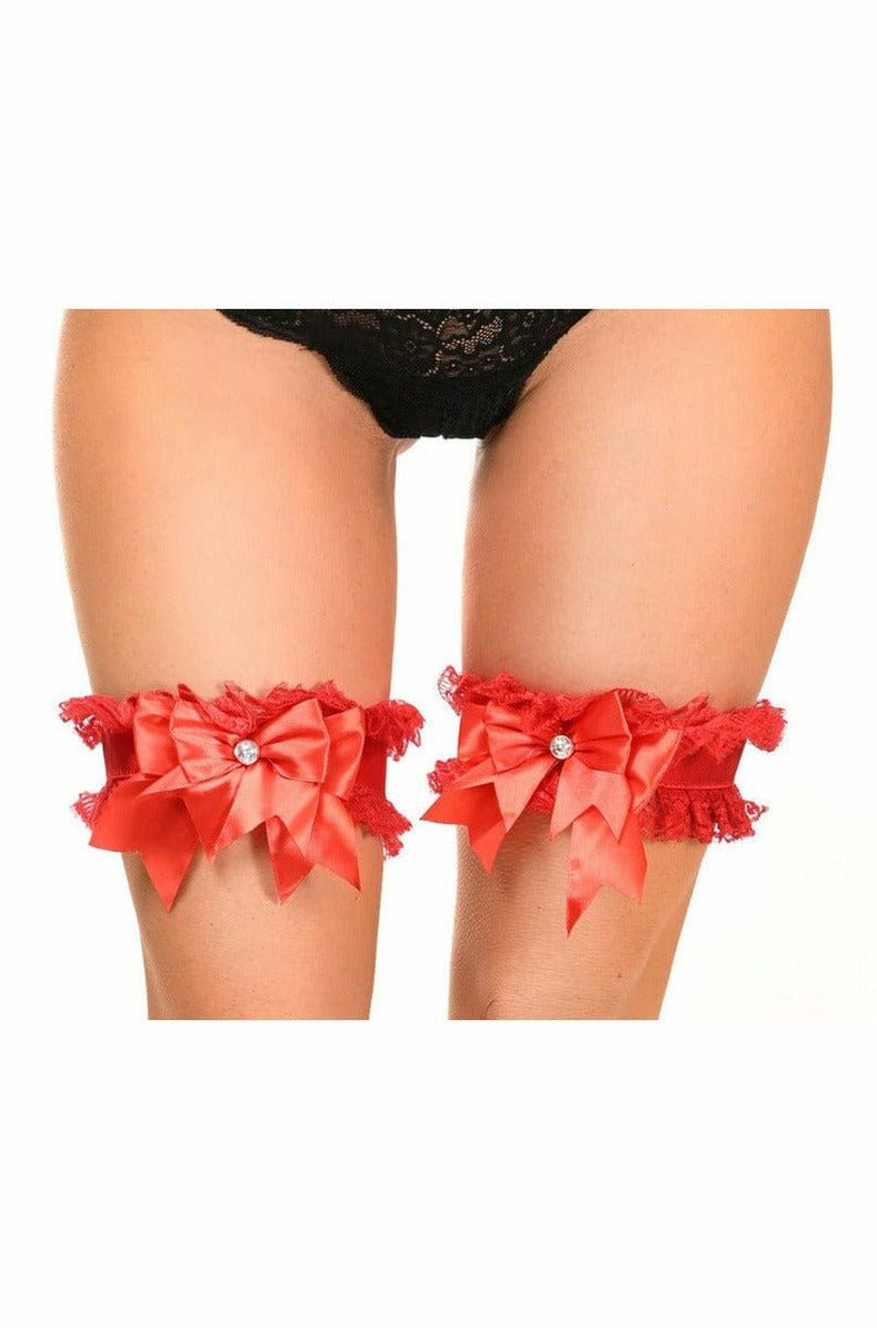 Woman modeling Sexy Red with Red Lace Garters, featuring elegant lace and rhinestone detailing, accented with red bows, ideal for festive or special occasions.