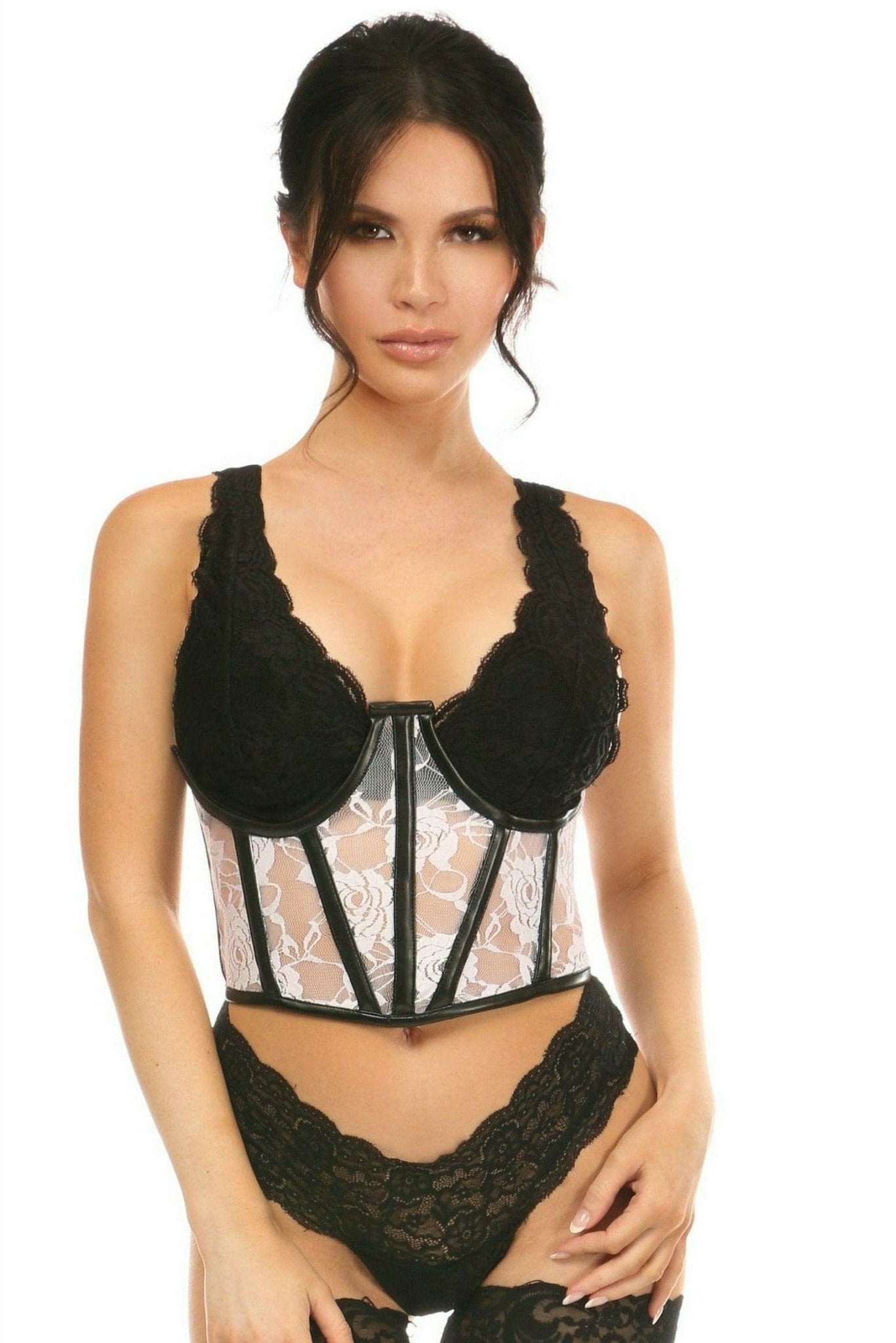 Sexy Sheer White Lace & Faux Leather Open Cup Waist Cincher Musotica.com