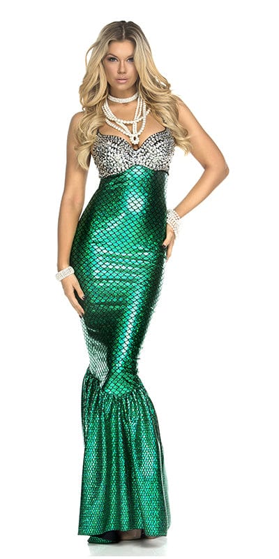 Woman in Sexy Shipwreck Mermaid Halloween Costume, featuring a jewelled silver bra top and high-waisted mermaid skirt with scale print, long blonde hair visible.