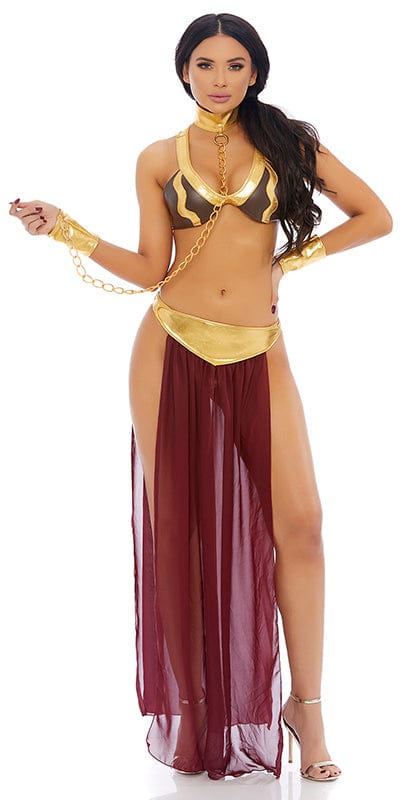 Woman modeling the Sexy Slave Princess Costume, featuring a faux leather and gold metallic underwire bra, sheer m-slit skirt, panty, and gold chain choker with wristlet.