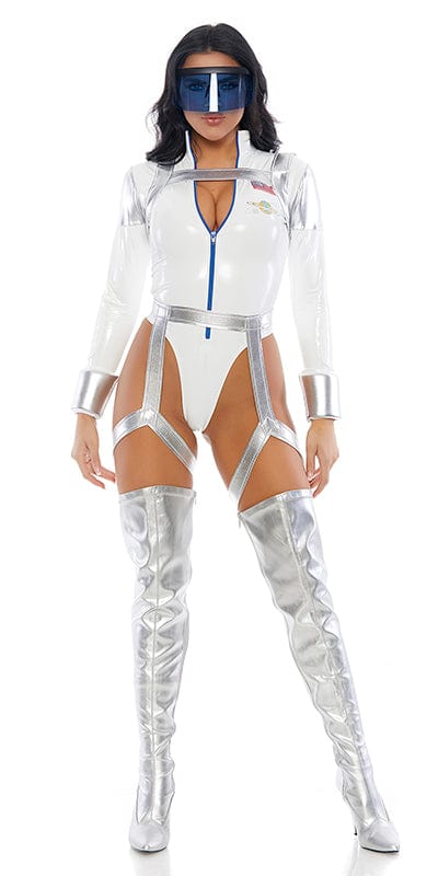 Woman wearing Sexy Space Race Astronaut Halloween Costume, featuring a white bodysuit with high cut legs, silver harness, garter belt, and visor glasses.